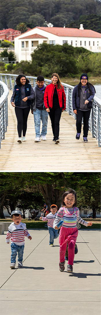 Top: Martha Ehmann Conte, a Parks Conservancy Trustee, with interns Sarah, Anthony, and Tatyana of the I-YEL (Inspiring Young Emerging Leaders) program at Presidio Tunnel Tops; photo by Paul Myers. Bottom: Crissy Field summer stride program; photo by Alison Taggart-Barone.