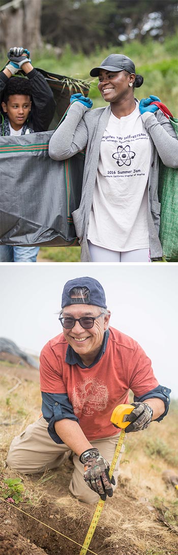 Top: Earth Day volunteers at Lands End. Bottom: National Trails Day volunteer on Hawk Hill. Photos by Maria Durana.