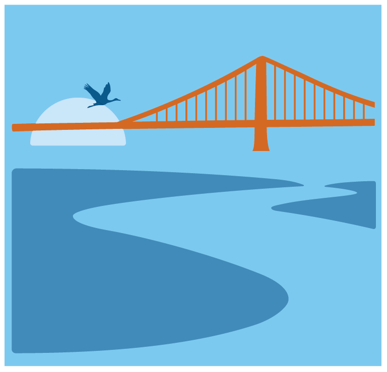 blue and dark orange stylized illustration of the Golden Gate Bridge, water and land, the setting sun and a flying long-necked bird